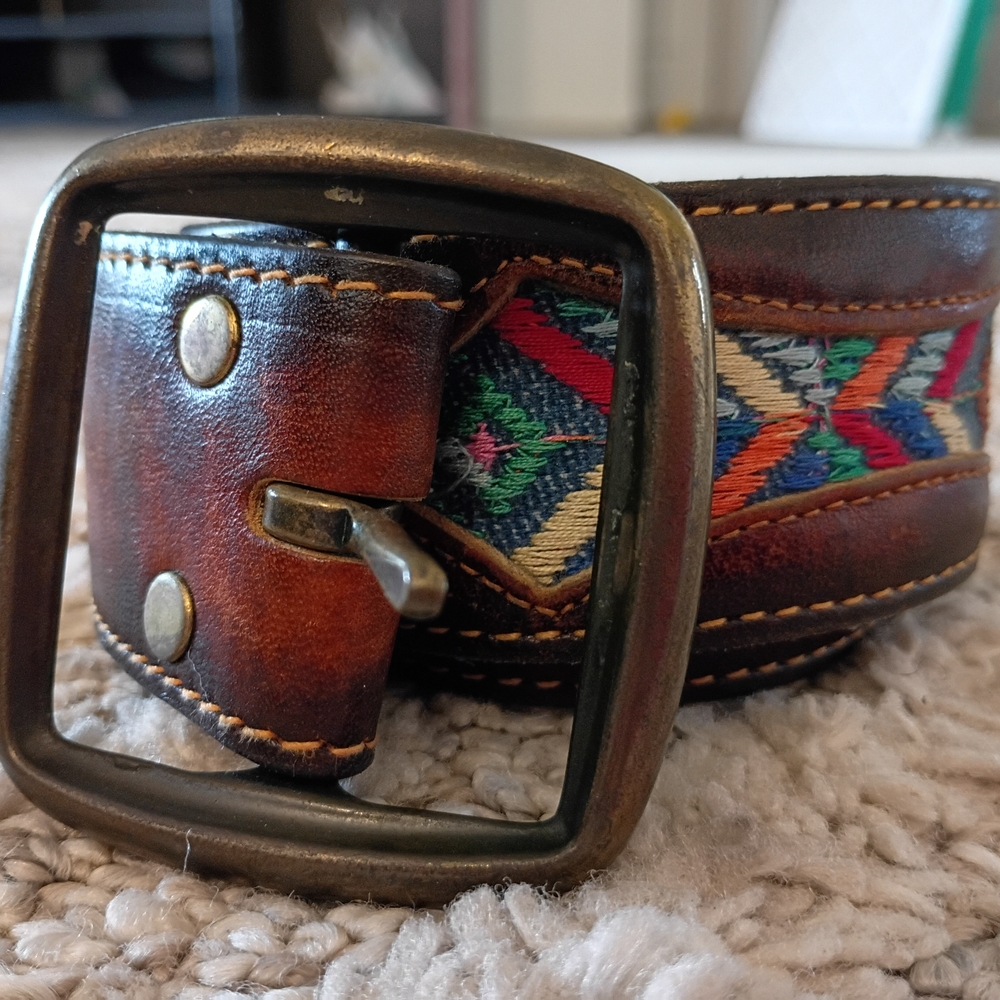 Vintage Mulit Colored Embroidery and Brown Leather Belt Boho Hippie Western 28"
